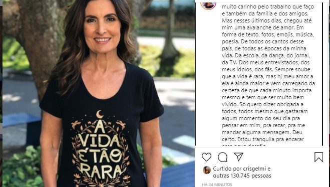 ‘Avalanche de amor’, diz Fátima Bernardes ao agradecer apoio dos fãs