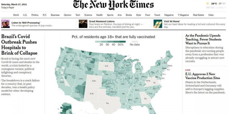 Em manchete de seu site, The New York Times diz que colapso na saúde do Brasil era previsto