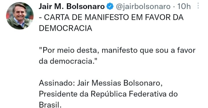 Bolsonaro escreve seu próprio manifesto no Twitter após ironizar carta pela democracia