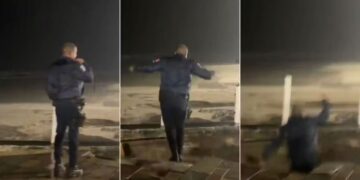 Guarda municipal cai em cratera durante temporal em Praia Grande
