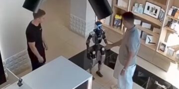 Robô humanoide reage após ser empurrado por cliente e tenta acertá-lo com chutes