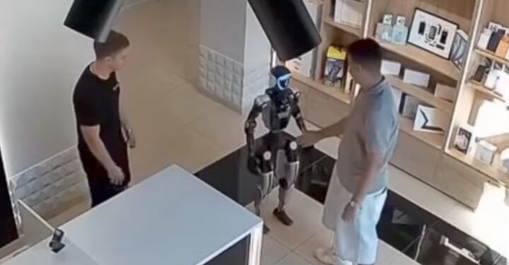 Robô humanoide reage após ser empurrado por cliente e tenta acertá-lo com chutes